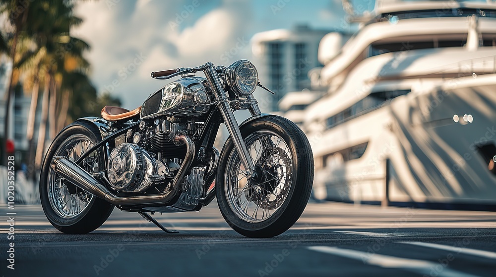 Obraz premium Cruising down the streets of Miami with amazing views of the yachts on your Brough Superior SS100 motorcycle 