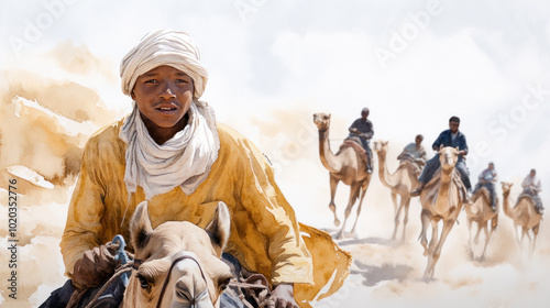 Yellow watercolor painting of people with camels at Sahara desert