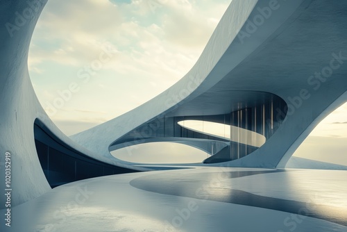 Curved concrete architecture under cloudy sky.