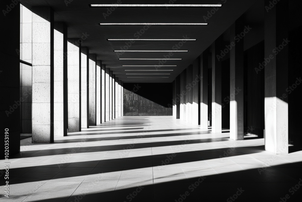 Fototapeta premium Sunlit concrete columns cast shadows on a floor.
