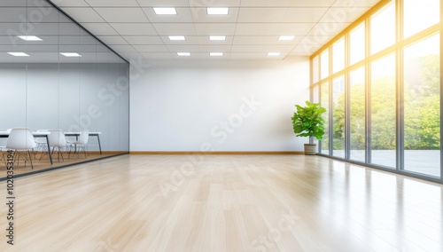 Blurred Background of Office Interior with Glass Walls, White Tables and Chairs, Desks, Large Window, and Potted Plants