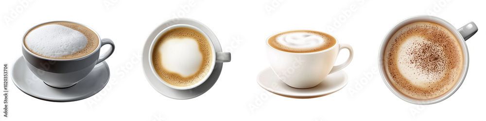 Set of a cup of cappuccino with foam, isolated on a transparent background. Set of a cup of cappuccino with foam, isolated on a transparent background.