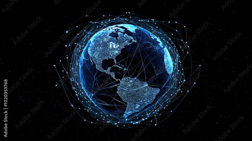 Global connectivity. Abstract digital world with glowing circuit board and globe. Digital technology. Global network concept for internet of things. Futuristic network technology. World map with tech Global connectivity. Abstract digital world with glowing circuit board and globe. Digital technology. Global network concept for internet of things. Futuristic network technology. World map with tech