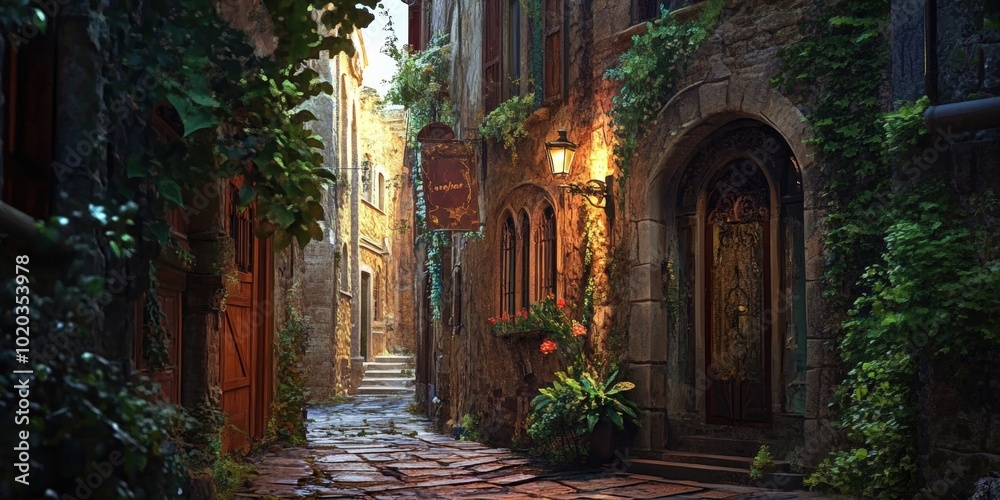 Stone alleyway with a lit lamp and greenery. Stone alleyway with a lit lamp and greenery.