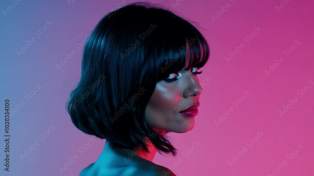 Woman with short dark hair in neon lighting Woman with short dark hair in neon lighting