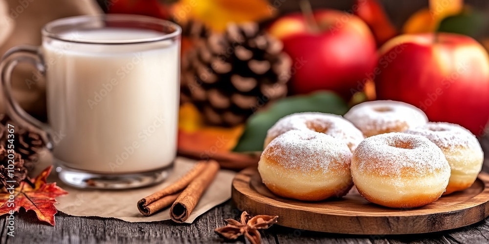 Cozy Autumn Scene with Apple-Powdered Sugar Doughnuts and Orchard-Themed Background Cozy Autumn Scene with Apple-Powdered Sugar Doughnuts and Orchard-Themed Background