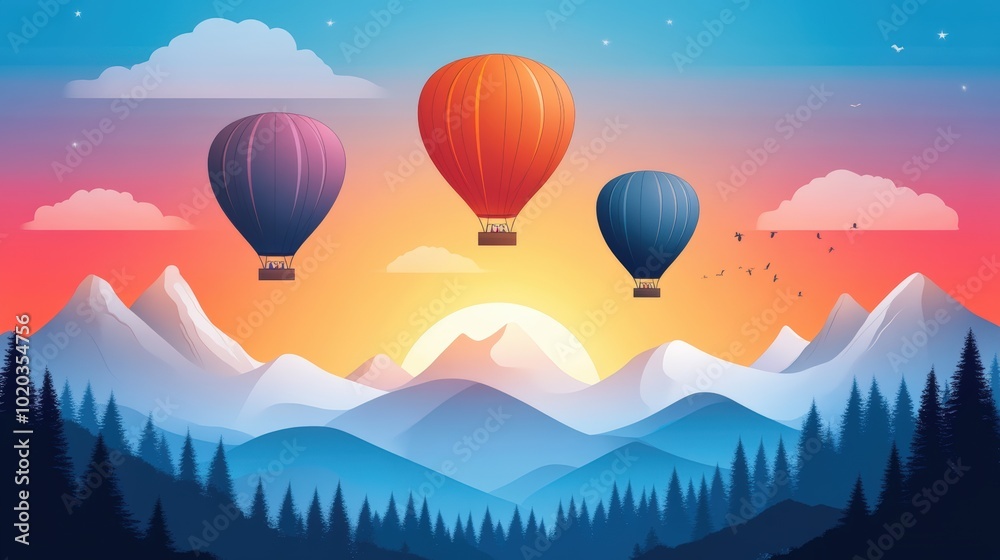Three hot air balloons over mountains at sunset. Three hot air balloons over mountains at sunset.