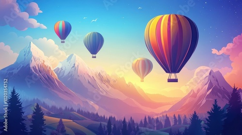 Hot air balloons over a mountain range.