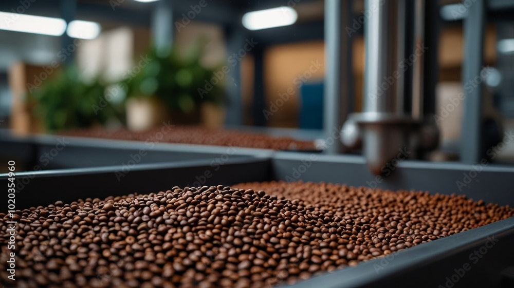 Fototapeta premium Roasted coffee beans on a conveyor system in a modern factory environment