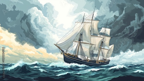 Ship sails through stormy sea under clouds.