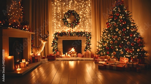 Warm and cozy christmas room interior design featuring a beautifully decorated xmas tree with twinkling lights, gifts, toys, deer, candles, lanterns, and garland lighting, creating a magical holiday a