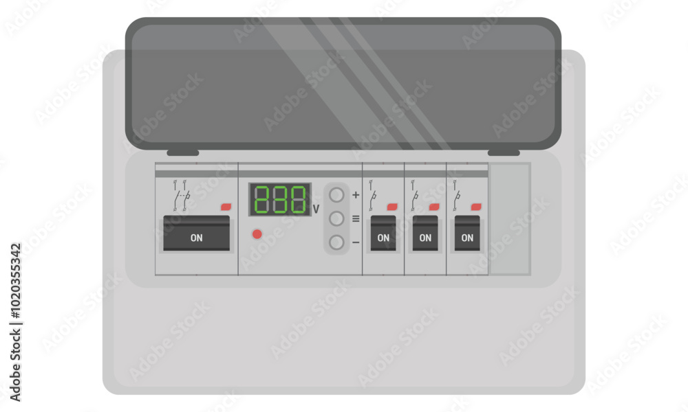 Home fuse box panel with a semi transparent door. Electrical power switch panel with various equipment Home fuse box panel with a semi transparent door. Electrical power switch panel with various equipment
