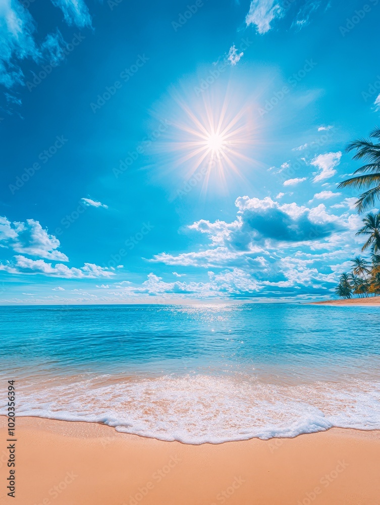 Fototapeta premium A vibrant beach scene with crystal-clear waters, gentle waves, and a bright sun overhead, Ideal for travel blogs, vacation promotions, or summer-themed projects, evoking relaxation and escape,