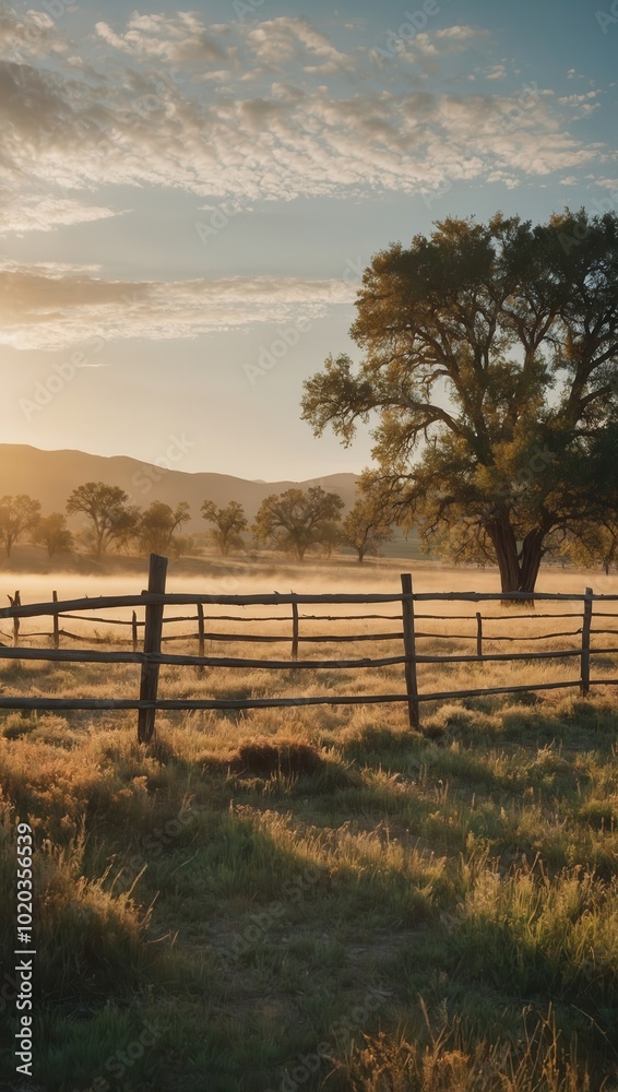 Obraz premium Wooden Fence with Barbed Wire in Grassy Field at Sunset