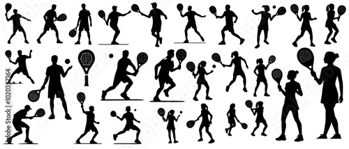 Big set of black vector silhouette paddle tennis player isolated on white
