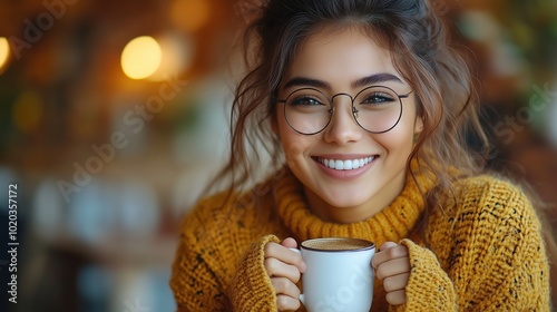 Cheerful woman with wavy hair and round glasses smiles warmly while holding a white coffee mug. Styled in a cozy yellow sweater, she embodies comfort and joy. Perfect for lifestyle and coffee themes. photo