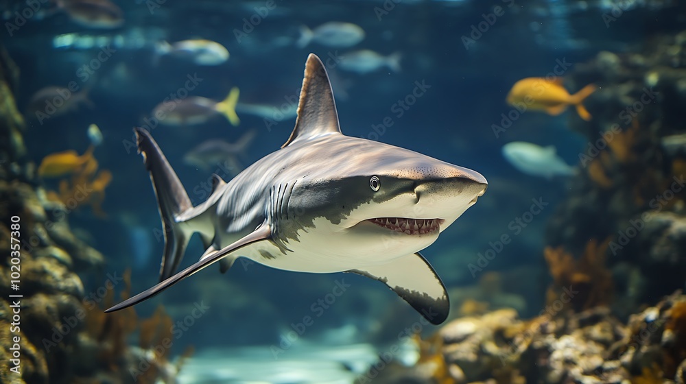 Naklejka premium A shark swimming gracefully in an aquarium, surrounded by various fish and aquatic plants.