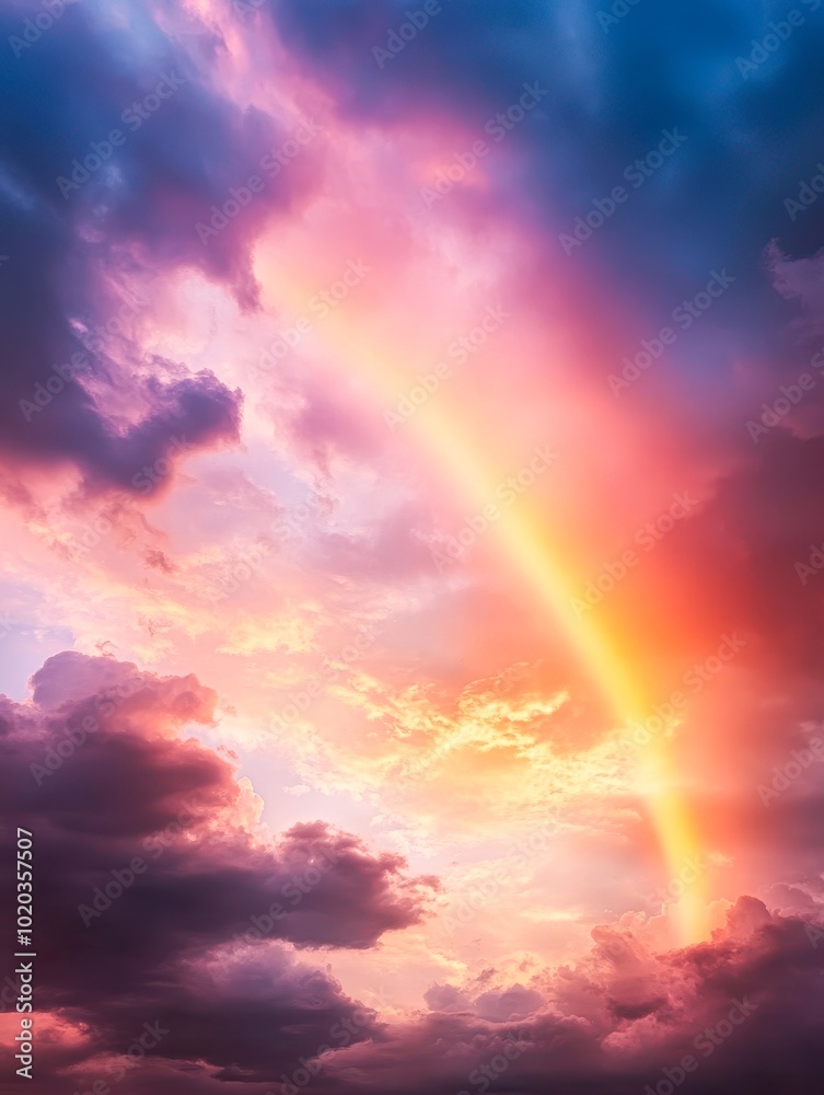A stunning sky captures a vibrant rainbow emerging among pink and blue clouds at sunset, ideal for uses in nature-themed articles, inspirational quotes, or wellness content, A stunning sky captures a vibrant rainbow emerging among pink and blue clouds at sunset, ideal for uses in nature-themed articles, inspirational quotes, or wellness content,