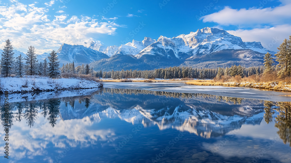 Obraz premium Almost Nearly Perfect Reflection of the Rocky Mountains in the Bow River Near Canmore, Alberta, Canada: A stunning reflection of the Rocky Mountains in the Bow River, showcasing 