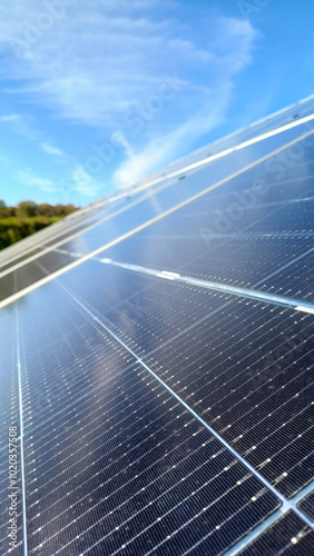 Close-up of solar panels in the garden. Composition 9:16