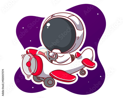 Cute Astronaut on Airplane Cartoon Vector Illustration. Kawaii Adorable Animal Pilot Concept Design. Travel And Transportation Themes. Isolated White Background. photo