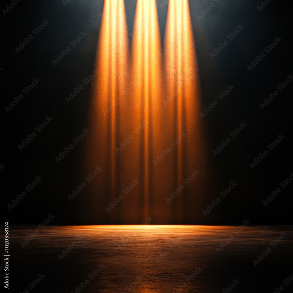 Obraz premium A dramatic scene with three golden light beams illuminating an empty stage, creating an inviting atmosphere, Ideal for projects related to performances, events, or artistic showcases,
