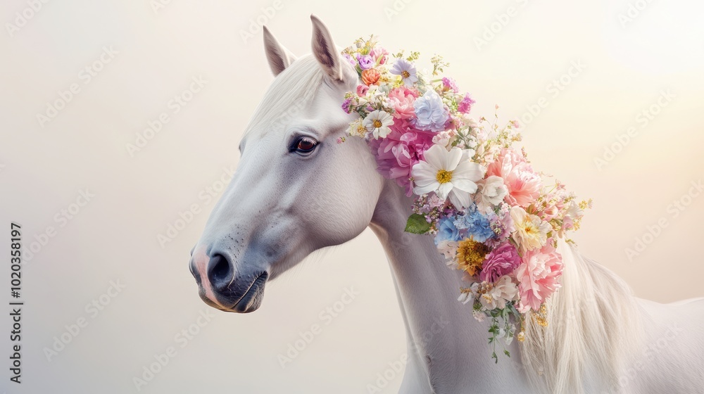 Fototapeta premium A white horse adorned with a colorful floral crown against a soft background.