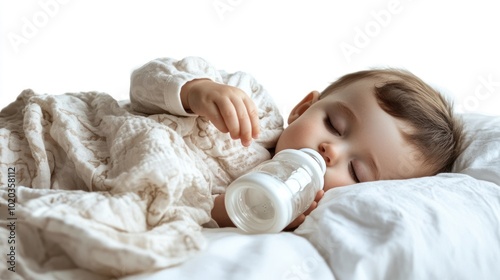 A baby sleeping and drinking milk from a bottle on a white background for documentation of precious moments as a toddler.