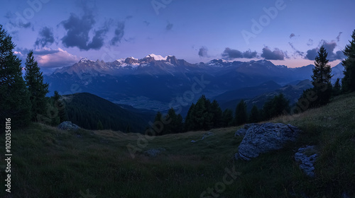 Alpine Landscape Panorama in the Evening, Herzogstand Mountain: A panoramic view of an alpine landscape at evening, featuring the Herzogstand mountain and a serene, twilight atmosphere.