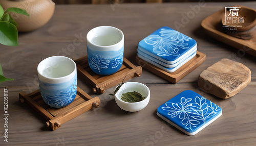 Close-up of Handcrafted Blue Dyed Tea Cup Mat photo