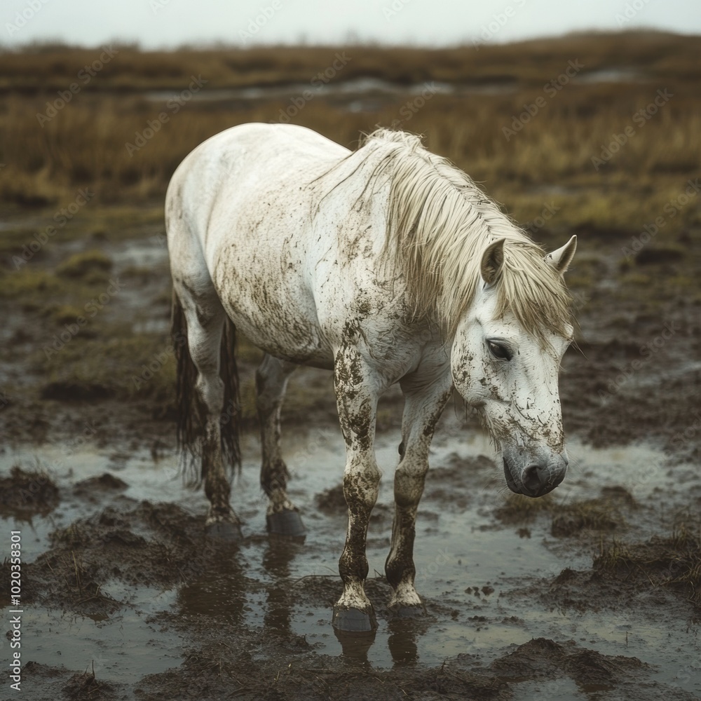 Obraz premium A muddy white horse stands in a wet, marshy landscape.