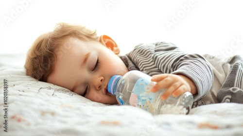 A baby sleeping and drinking milk from a bottle on a white background for documentation of precious moments as a toddler.