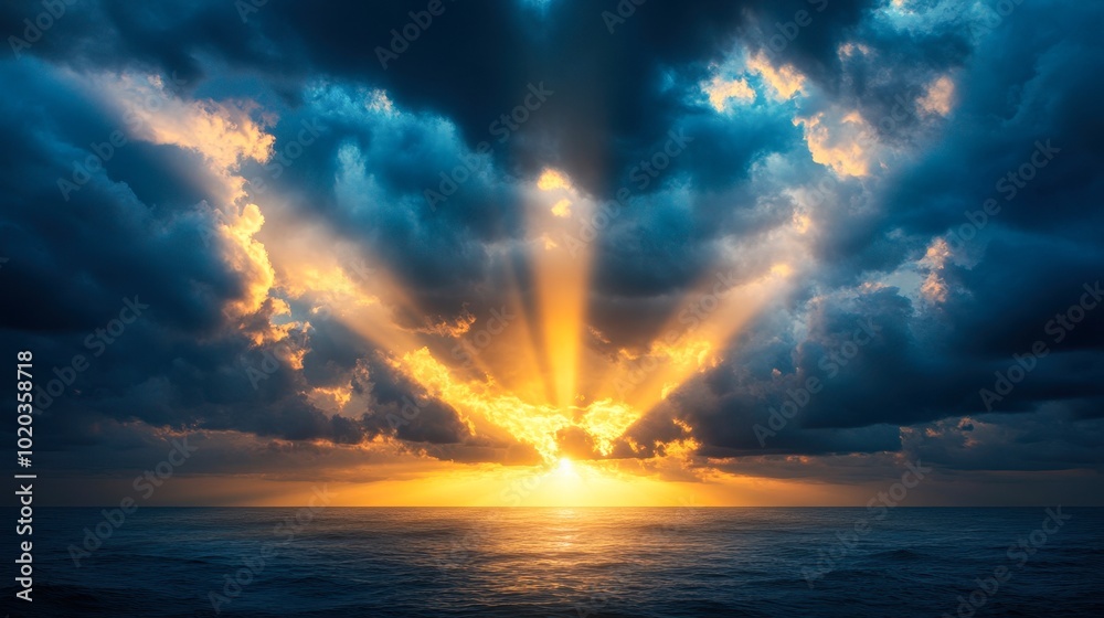 A breathtaking sunset over the ocean, showcasing vibrant rays of light piercing through dramatic clouds, This stunning image can be used for travel promotions, inspirational quotes A breathtaking sunset over the ocean, showcasing vibrant rays of light piercing through dramatic clouds, This stunning image can be used for travel promotions, inspirational quotes