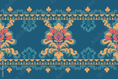 kat  floral pattern hand drawn on Sea blue tone, Motif ethnic  floral seamless textil,  embroidery, print striped ornament floral, pattern, design for wrapping, silk, scarf, background, textile