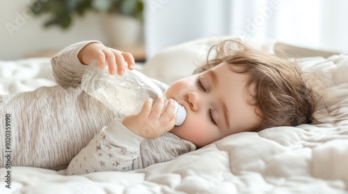 A baby sleeping and drinking milk from a bottle on a white background for documentation of precious moments as a toddler.