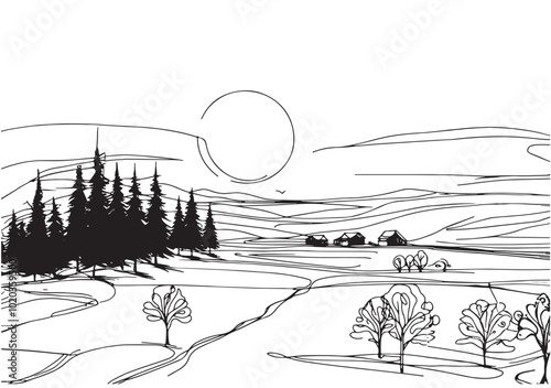 Winter fields landscape sketch. Contour illustration