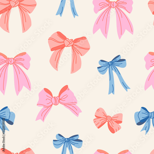 Seamless pattern with cute pink and blue bows. Trendy hair braiding accessory. Hand drawn vector illustration.