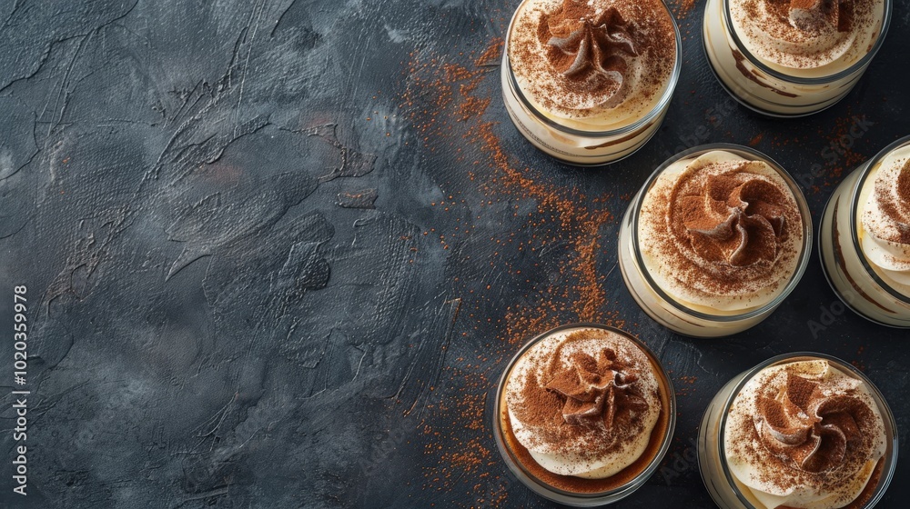 Tiramisu in Glass Containers on Dark Grey Surface with Copy Space Tiramisu in Glass Containers on Dark Grey Surface with Copy Space