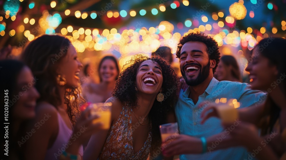 A joyful celebration with a diverse group of friends dancing and laughing at a lively outdoor festival