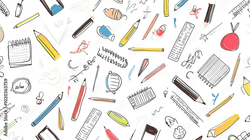 A seamless vector pattern featuring hand-drawn doodles of school supplies like pencils, rulers, notebooks, and creative elements, arranged in a playful, repeating design on a white background. A seamless vector pattern featuring hand-drawn doodles of school supplies like pencils, rulers, notebooks, and creative elements, arranged in a playful, repeating design on a white background.