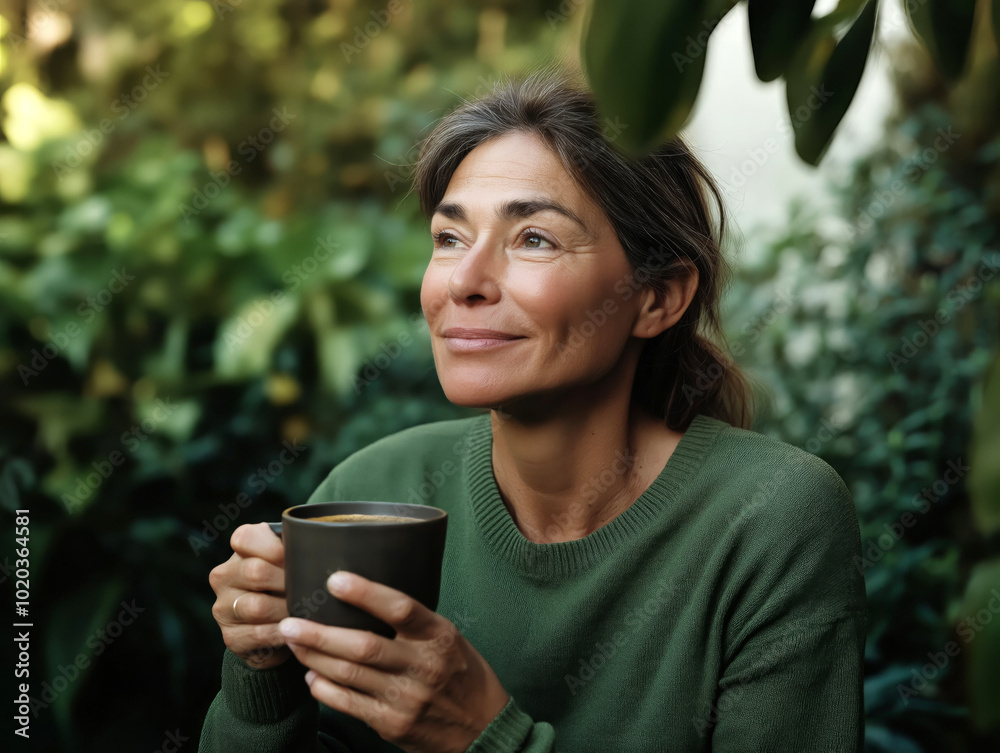 Woman enjoying a quiet coffee moment in nature, surrounded by greenery, symbolizing relaxation and mindfulness