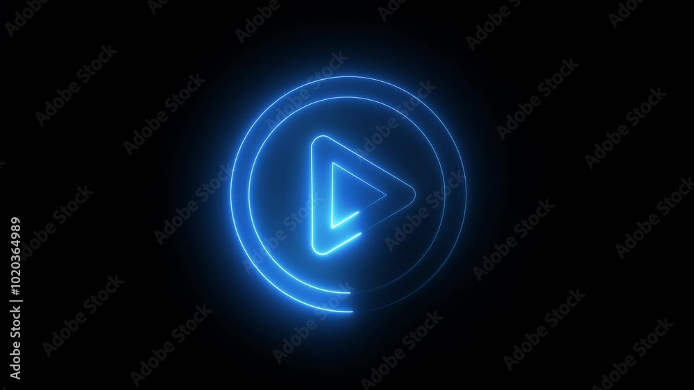 Play button icon neon glowing blue animation on a black background. neon music play button icon animation. Play button icon neon glowing blue animation on a black background. neon music play button icon animation.
