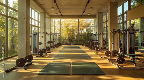Spacious gym interior with rows of weightlifting equipment neatly arranged, yoga mats placed on the open floor, natural light streaming through large windows, clean and organized layout,