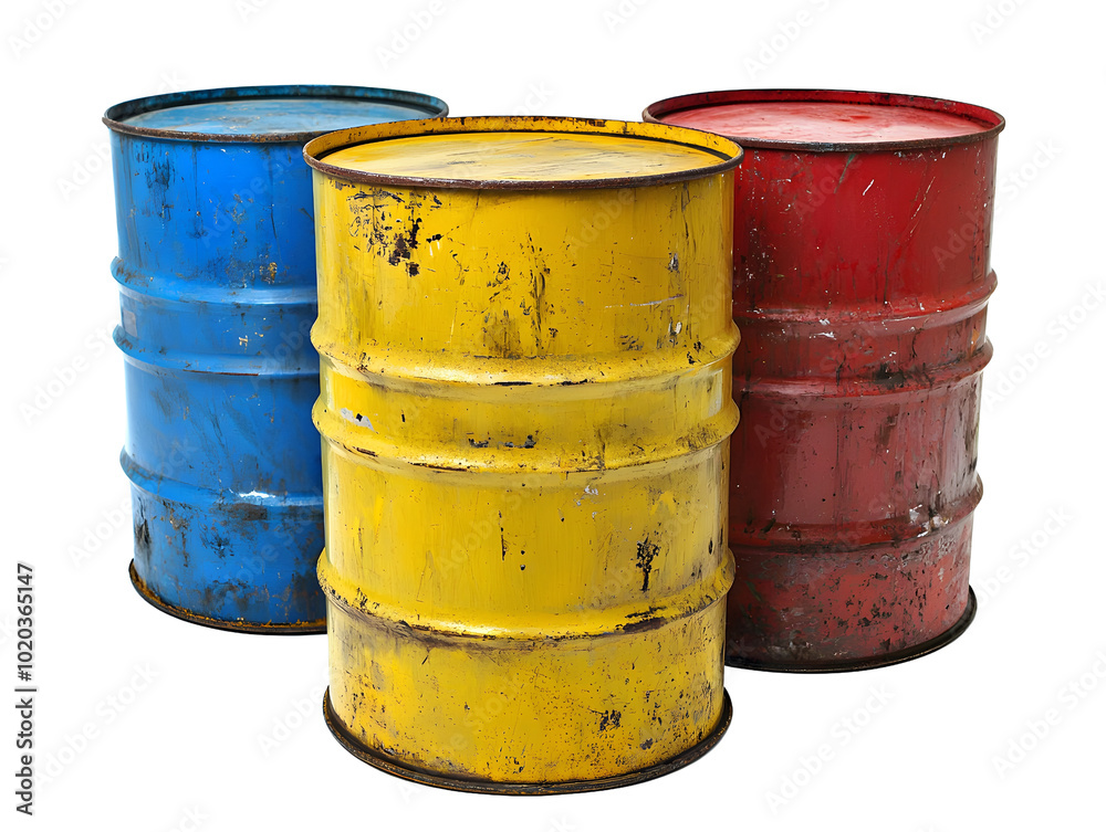 Three Rusty Metal Barrels Blue Yellow Red Industrial Storage Waste Hazardous Mate Three Rusty Metal Barrels Blue Yellow Red Industrial Storage Waste Hazardous Mate