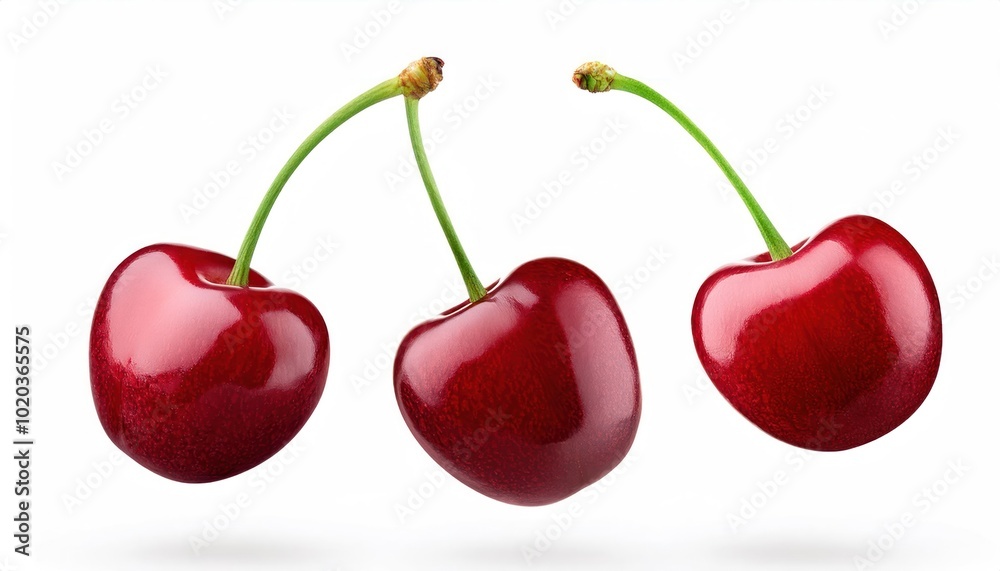 Three Flying Cherry Fruits Isolated on White Background Three Flying Cherry Fruits Isolated on White Background