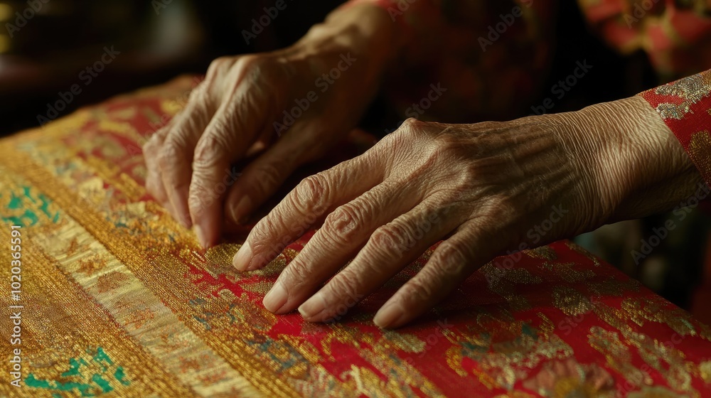 Close-up of the weaver hands skillfully weaving traditional Thai silk, showcasing the intricate details of the hand-woven fabric and artistry. Close-up of the weaver hands skillfully weaving traditional Thai silk, showcasing the intricate details of the hand-woven fabric and artistry.