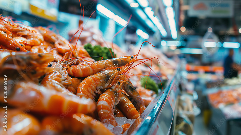 Pile of fresh shrimp on ice in a seafood market with bright lighting. Rich colors and cool atmosphere, perfect for promoting seafood freshness and quality. Pile of fresh shrimp on ice in a seafood market with bright lighting. Rich colors and cool atmosphere, perfect for promoting seafood freshness and quality.
