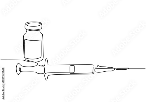 Syringe and Medicine Vial Line Art. Continuous line drawing of healthcare tools.