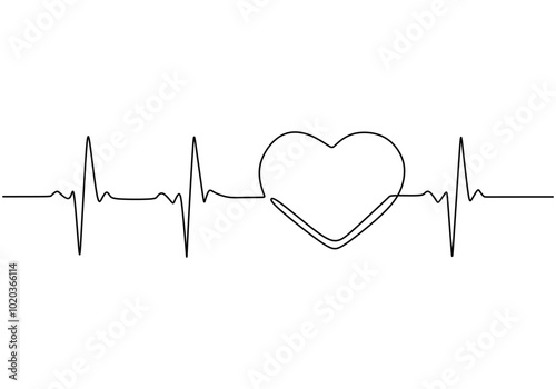 Heart and Pulse Continuous Line Drawing. Minimalist healthcare concept, heart symbol illustration.