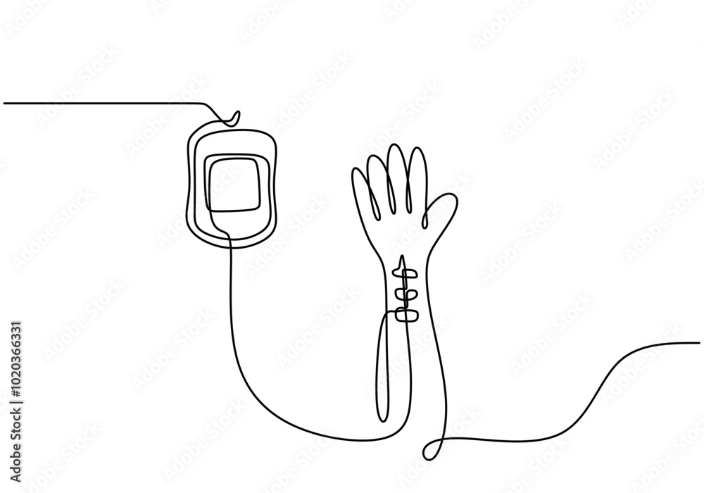Obraz premium Hand Infusion in Continuous Line Drawing. Minimalist healthcare concept showing an infused hand.